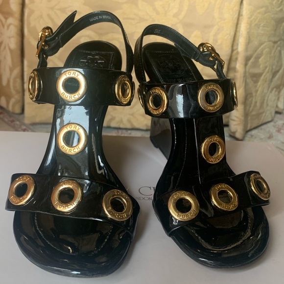 Black Patent Leather Tory Burch Wedges Size 5 - Picture 1 of 8